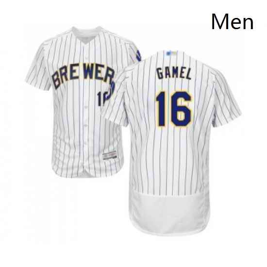 Mens Milwaukee Brewers 16 Ben Gamel White Home Flex Base Authentic Collection Baseball Jersey